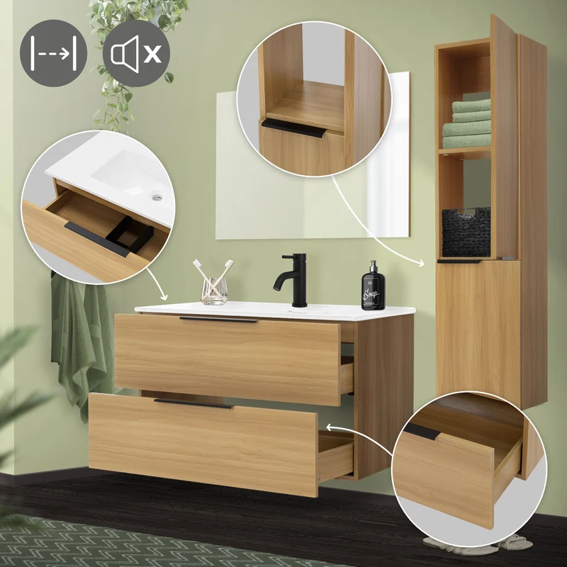 Badmöbel Badezimmermöbel Set 4-Teilig Spiegelschrank Unterschrank Waschbecken Hochschrank Optik in Teak ML-Design