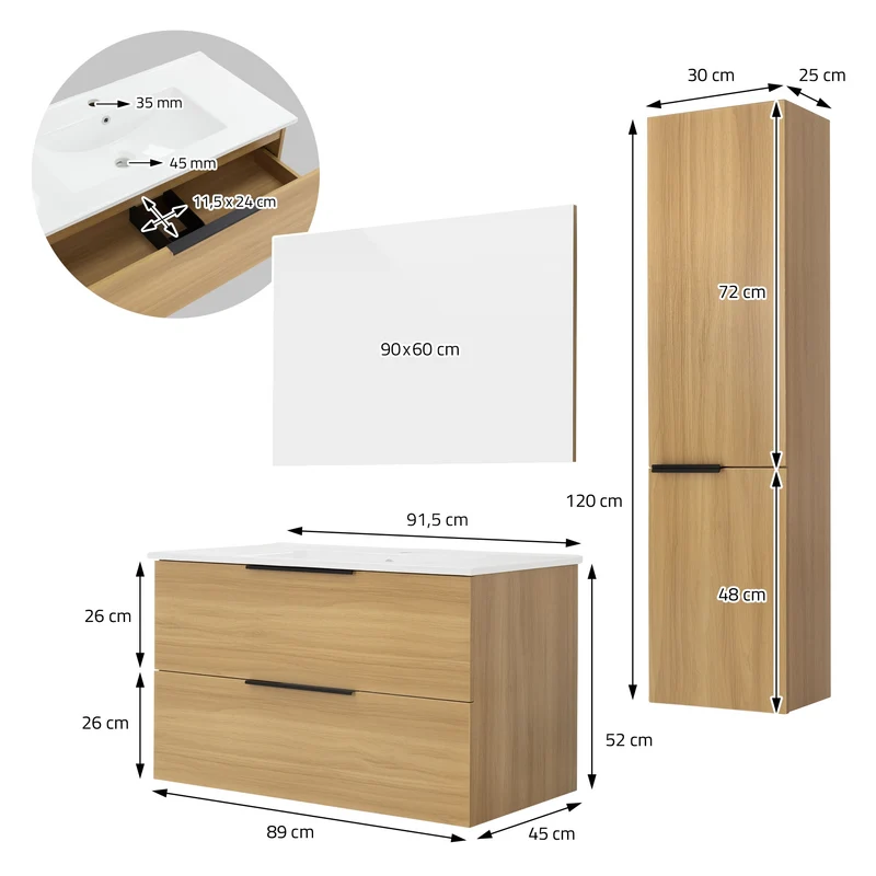 Badmöbel Badezimmermöbel Set 4-Teilig Spiegelschrank Unterschrank Waschbecken Hochschrank Optik in Teak ML-Design