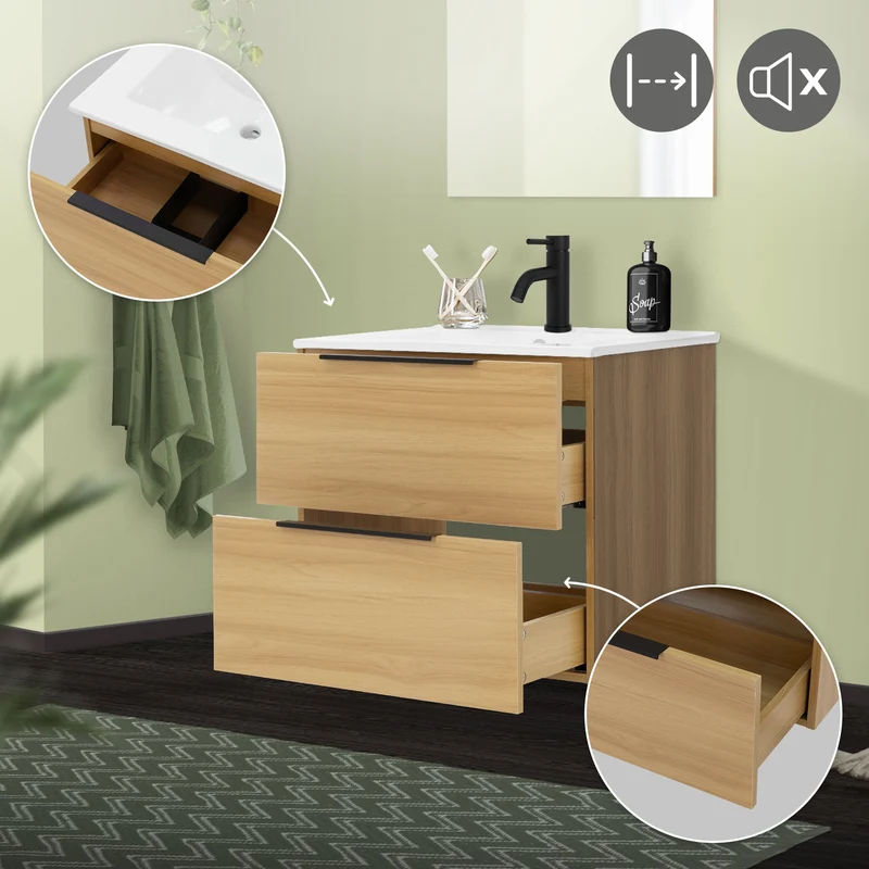 Badmöbel Badezimmermöbel Set 3-Teilig Spiegelschrank Unterschrank Waschbecken Optik in Teak ML-Design