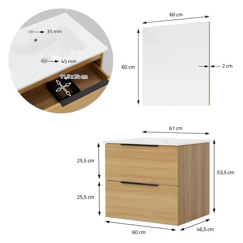 Badmöbel Badezimmermöbel Set 3-Teilig Spiegelschrank Unterschrank Waschbecken Optik in Teak ML-Design