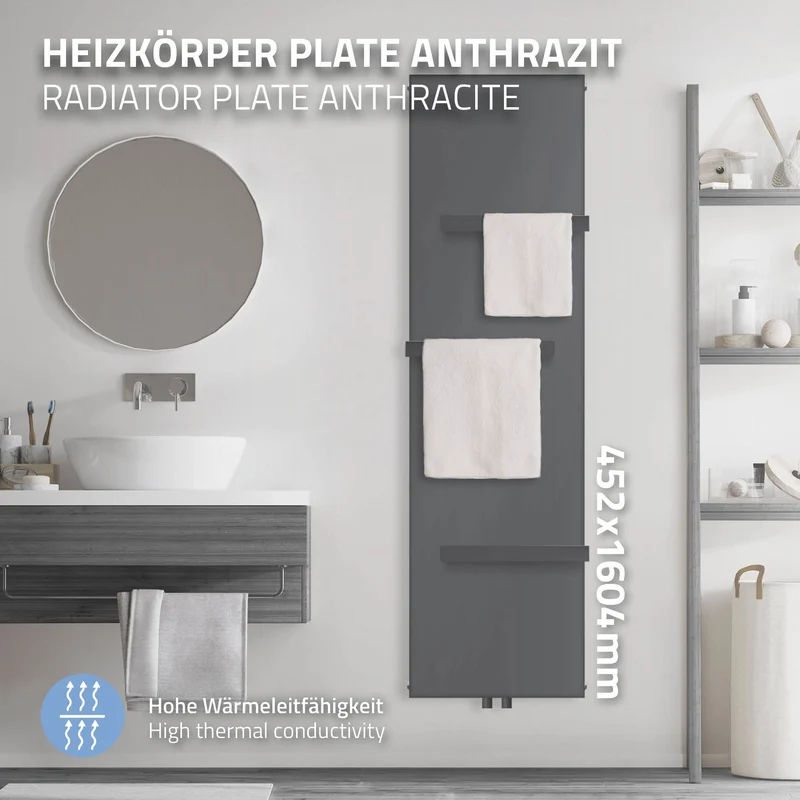 Badheizkörper Einlagig mit 3x Handtuchhalter 1600x452 mm Anthrazit mit Mittelanschluss LuxeBath