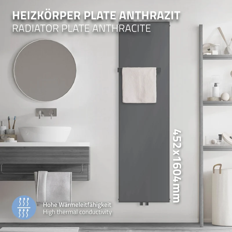 Badheizkörper Einlagig mit 1x Handtuchhalter 1600x452 mm Anthrazit mit Mittelanschluss LuxeBath