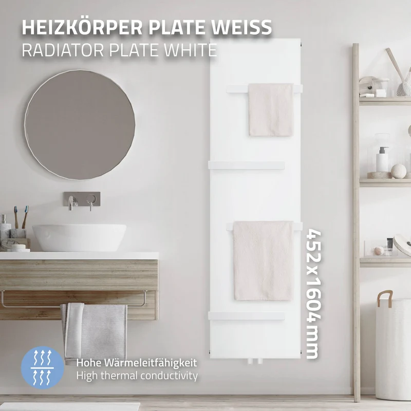 Badheizkörper Einlagig mit 4x Handtuchhalter 1600x452 mm Weiß mit Mittelanschluss LuxeBath
