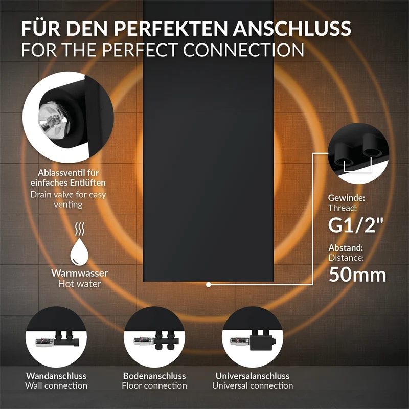 Badheizkörper flach Einlagig 1600x452 mm Schwarz matt mit Mittelanschluss inkl. 4x Handtuchhalter LuxeBath