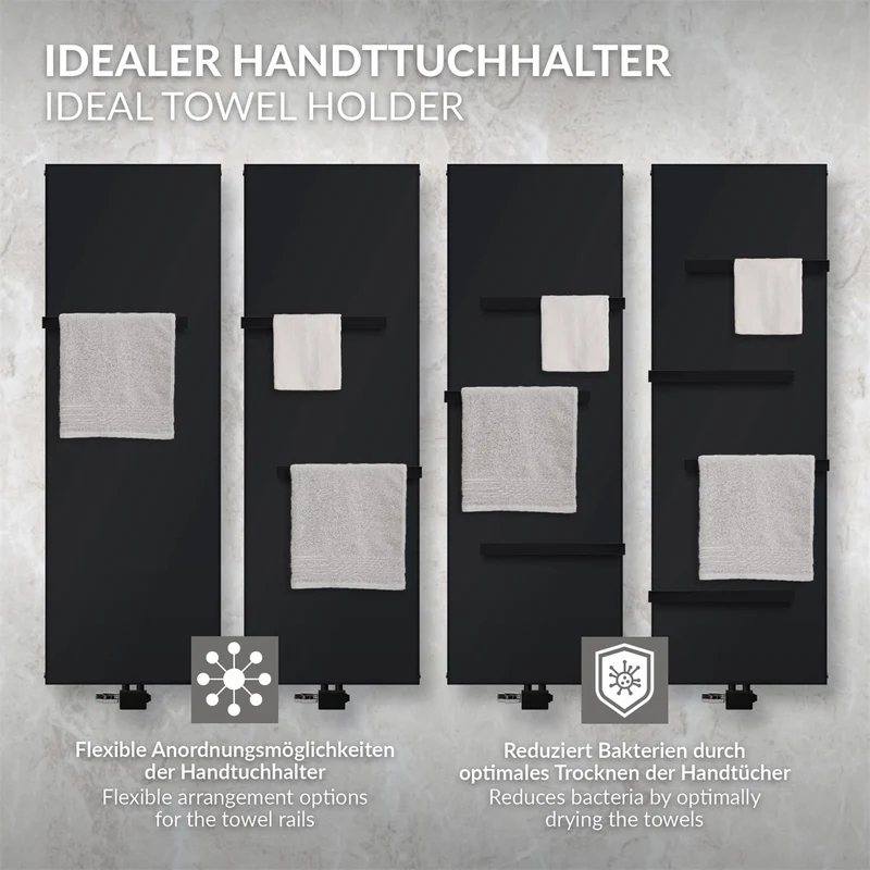 Badheizkörper flach Einlagig 1600x452 mm Schwarz matt mit Mittelanschluss inkl. 4x Handtuchhalter LuxeBath