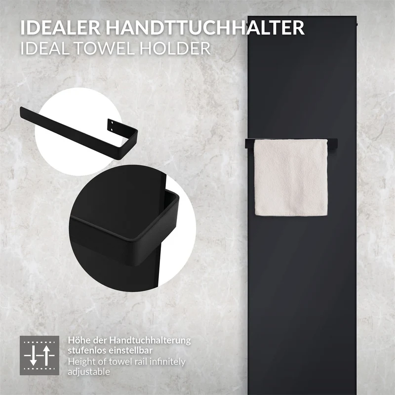 Badheizkörper flach Einlagig 1600x452 mm Schwarz matt mit Mittelanschluss inkl. 2x Handtuchhalter LuxeBath