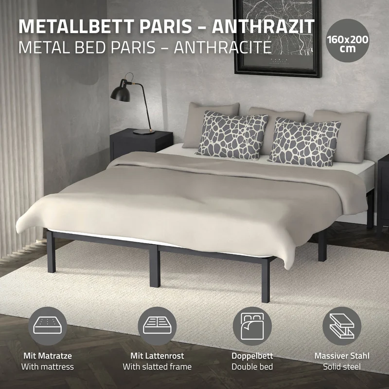 Bettgestell Doppelbett 160x200cm aus Metall in Anthrazit mit Lattenrost & Matratze H-16cm ML-Design
