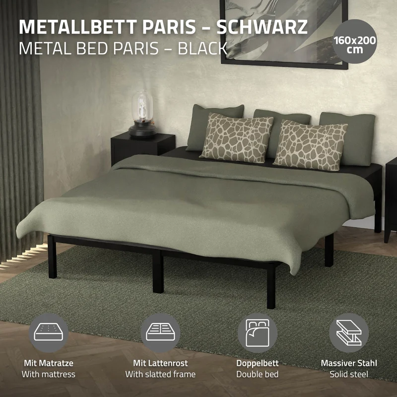 Bettgestell Einzelbett 90x200cm aus Metall in Schwarz mit Lattenrost & Matratze H-16cm ML-Design