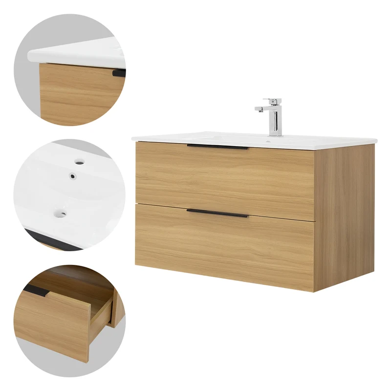 Badmöbel Badezimmermöbel Set 2-Teilig Unterschrank Waschbecken 91,5x52x45 cm Optik in Teak ML-Design