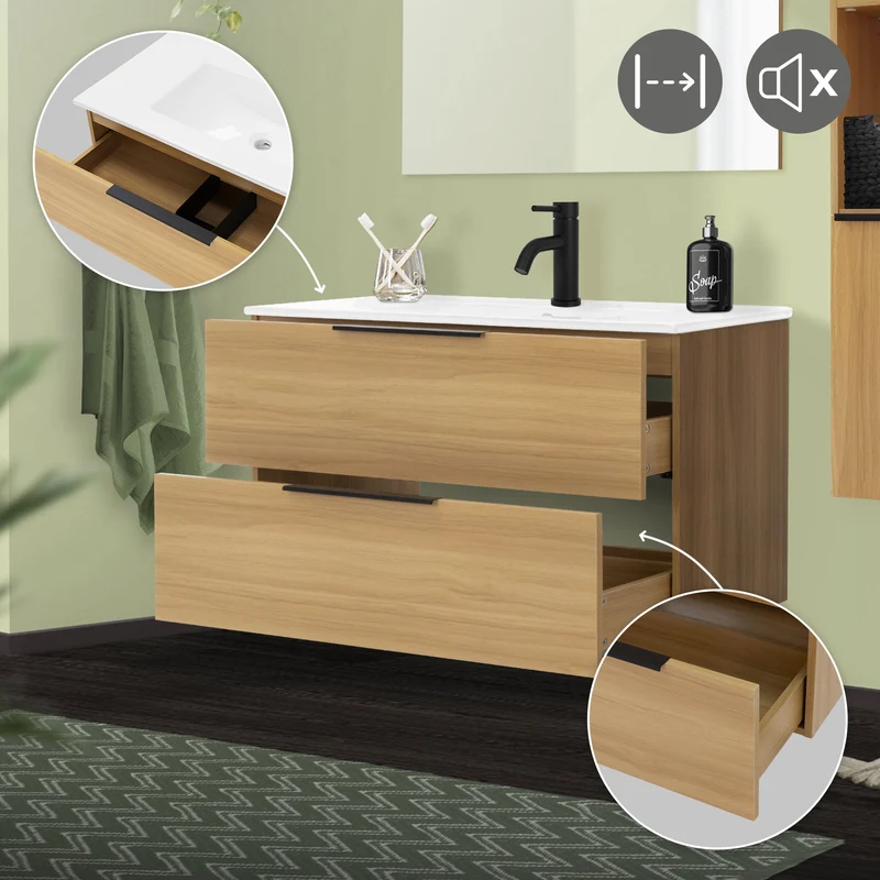 Badmöbel Badezimmermöbel Set 2-Teilig Unterschrank Waschbecken 91,5x52x45 cm Optik in Teak ML-Design