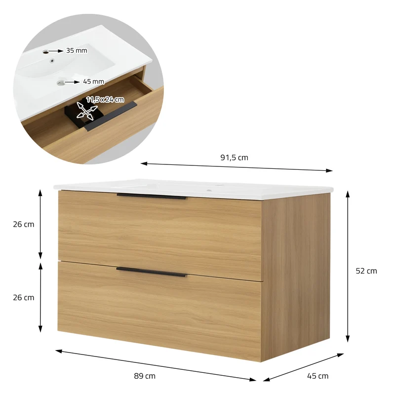 Badmöbel Badezimmermöbel Set 2-Teilig Unterschrank Waschbecken 91,5x52x45 cm Optik in Teak ML-Design