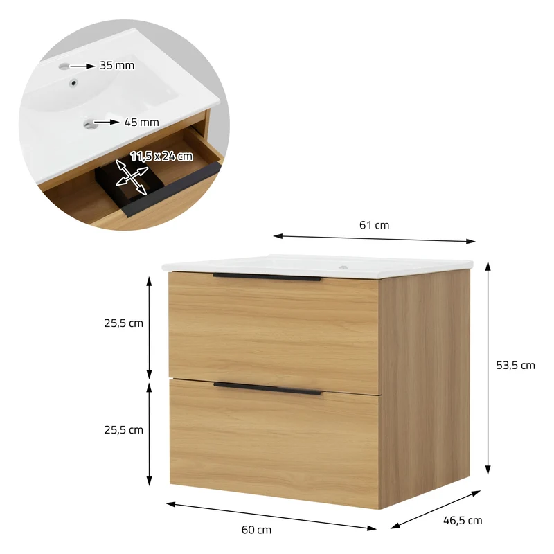 Badmöbel Badezimmermöbel Set 2-Teilig Unterschrank Waschbecken 61x53,5x46,5 cm Optik in Teak ML-Design