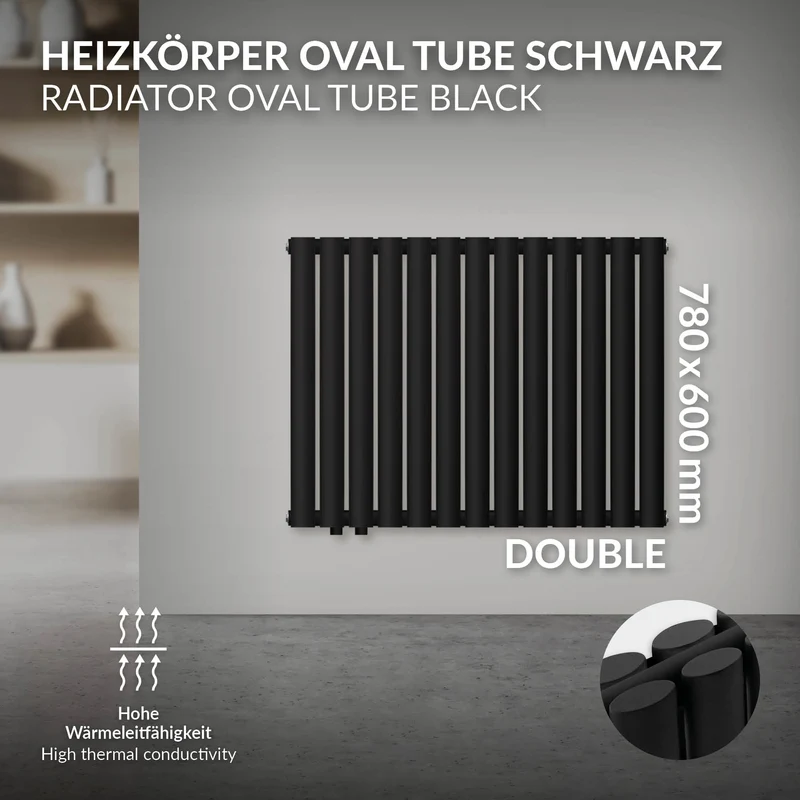 Badheizkörper Doppellagig Horizontal 600x780 mm Schwarz matt mit Seitenanschluss LuxeBath