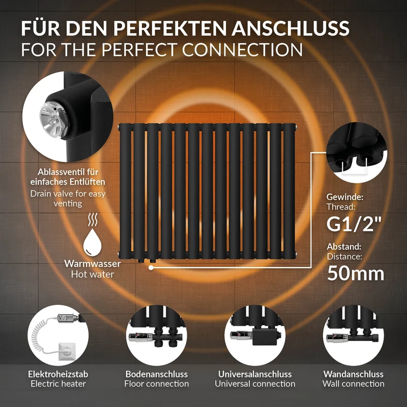 Badheizkörper Doppellagig Horizontal 600x780 mm Schwarz matt mit Seitenanschluss LuxeBath