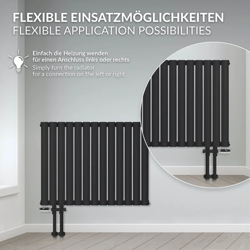Badheizkörper Doppellagig Horizontal 600x780 mm Schwarz matt mit Seitenanschluss LuxeBath