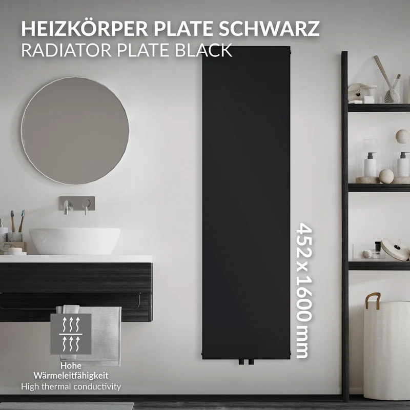 Badheizkörper Einlagig 1600x452 mm Schwarz matt mit Mittelanschluss LuxeBath