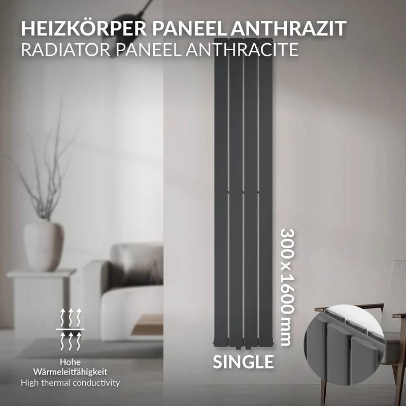 Badheizkörper Doppellagig Vertikal 1600x300 mm Anthrazit mit Mittelanschluss LuxeBath