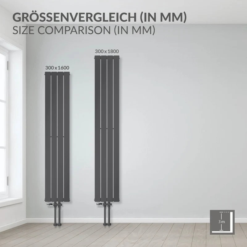 Badheizkörper Doppellagig Vertikal 1600x300 mm Anthrazit mit Mittelanschluss LuxeBath