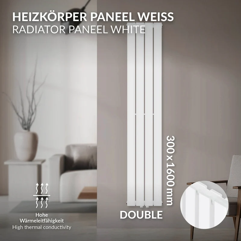 Badheizkörper Doppellagig Vertikal 1600x300 mm Weiß mit Mittelanschluss LuxeBath