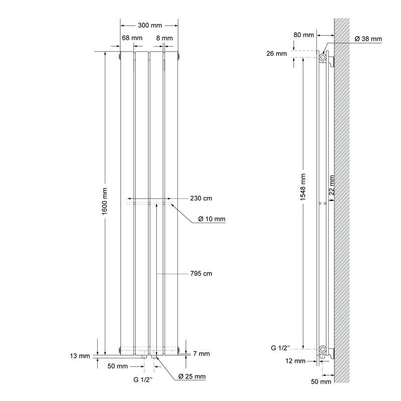 Badheizkörper Doppellagig Vertikal 1600x300 mm Weiß mit Mittelanschluss LuxeBath