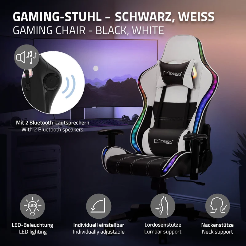 Gamingstuhl mit RGB Beleuchtung & Bluetoothboxen Schwarz/Weiß aus Kunstleder ML-Design
