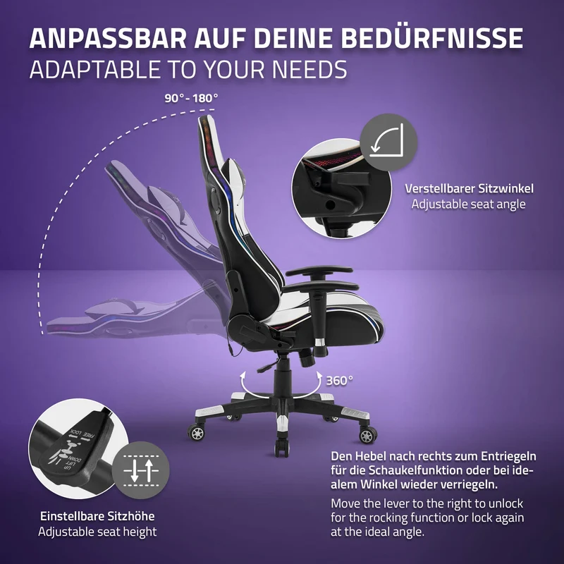 Gamingstuhl mit RGB Beleuchtung & Bluetoothboxen Schwarz/Weiß aus Kunstleder ML-Design