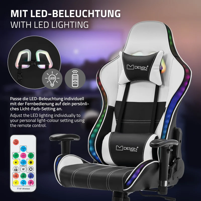 Gamingstuhl mit RGB Beleuchtung & Bluetoothboxen Schwarz/Weiß aus Kunstleder ML-Design