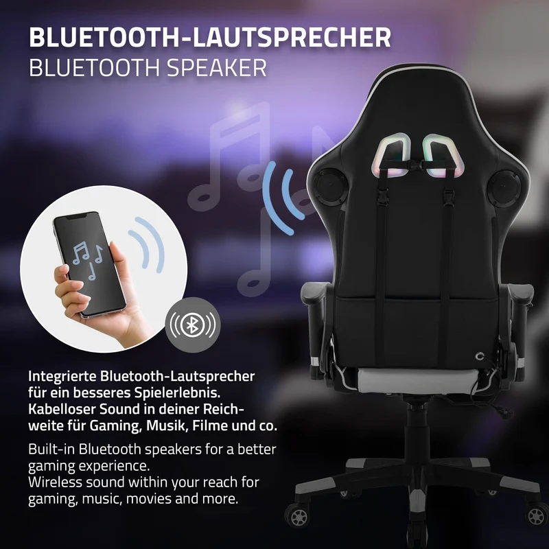 Gamingstuhl mit RGB Beleuchtung & Bluetoothboxen Schwarz/Weiß aus Kunstleder ML-Design