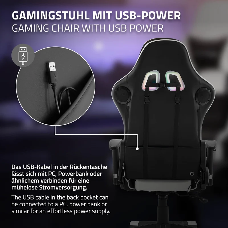Gamingstuhl mit RGB Beleuchtung & Bluetoothboxen Schwarz/Weiß aus Kunstleder ML-Design