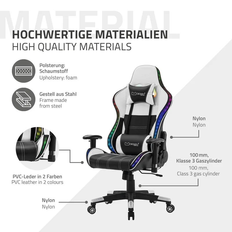 Gamingstuhl mit RGB Beleuchtung & Bluetoothboxen Schwarz/Weiß aus Kunstleder ML-Design