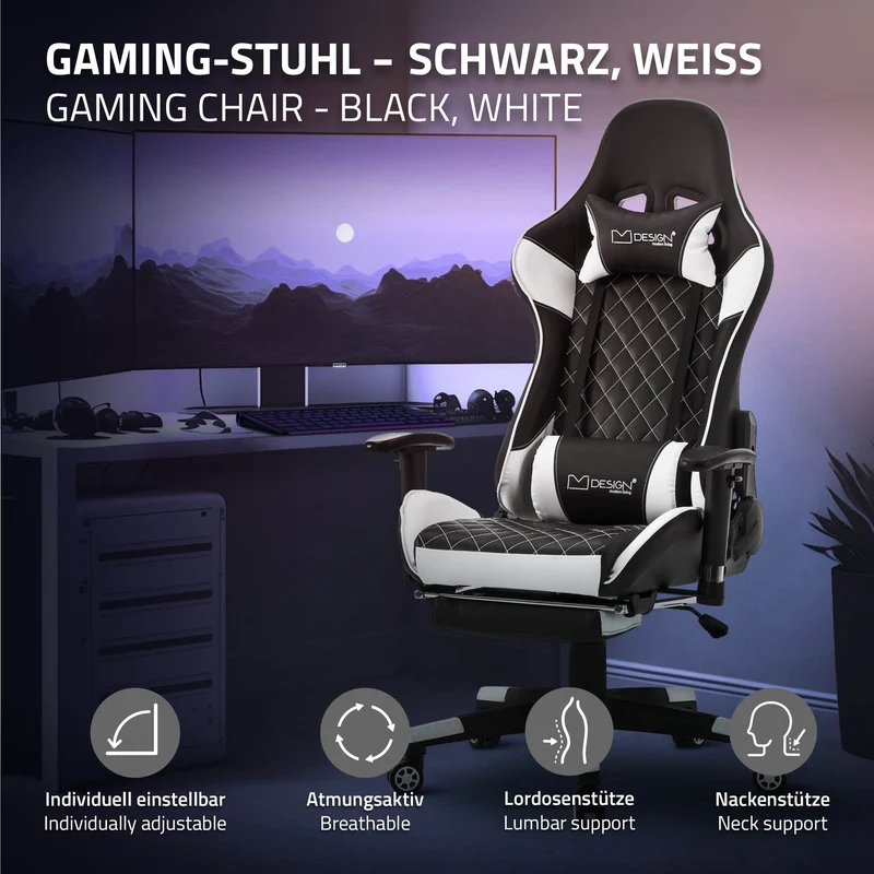 Gamingstuhl mit ausziehbarer Fußstütze 2D Armlehne Schwarz/Weiß aus Kunstleder ML-Design