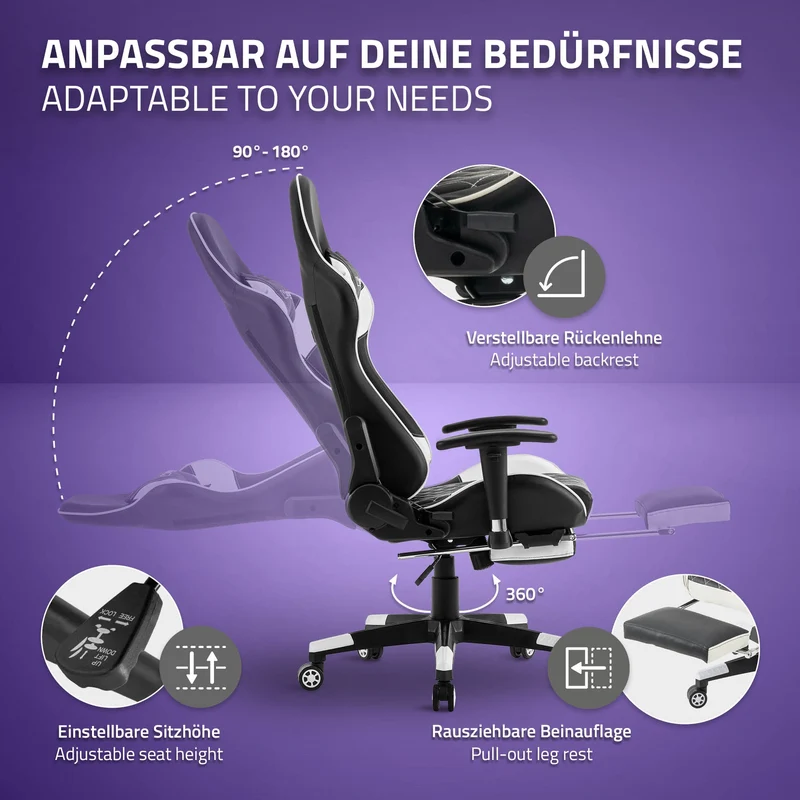 Gamingstuhl mit ausziehbarer Fußstütze 2D Armlehne Schwarz/Weiß aus Kunstleder ML-Design