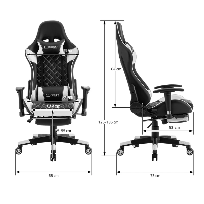 Gamingstuhl mit ausziehbarer Fußstütze 2D Armlehne Schwarz/Weiß aus Kunstleder ML-Design