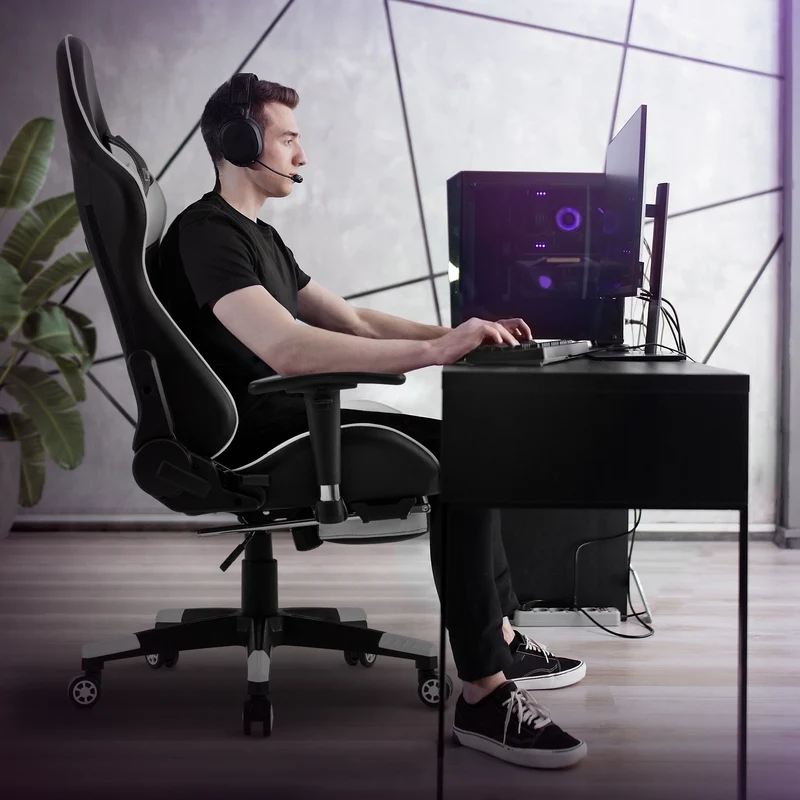 Gamingstuhl mit ausziehbarer Fußstütze 2D Armlehne Schwarz/Weiß aus Kunstleder ML-Design