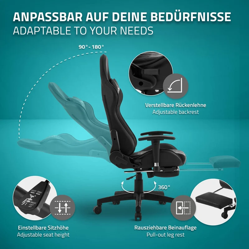 Gamingstuhl mit ausziehbarer Fußstütze 2D Armlehne Schwarz aus Kunstleder ML-Design