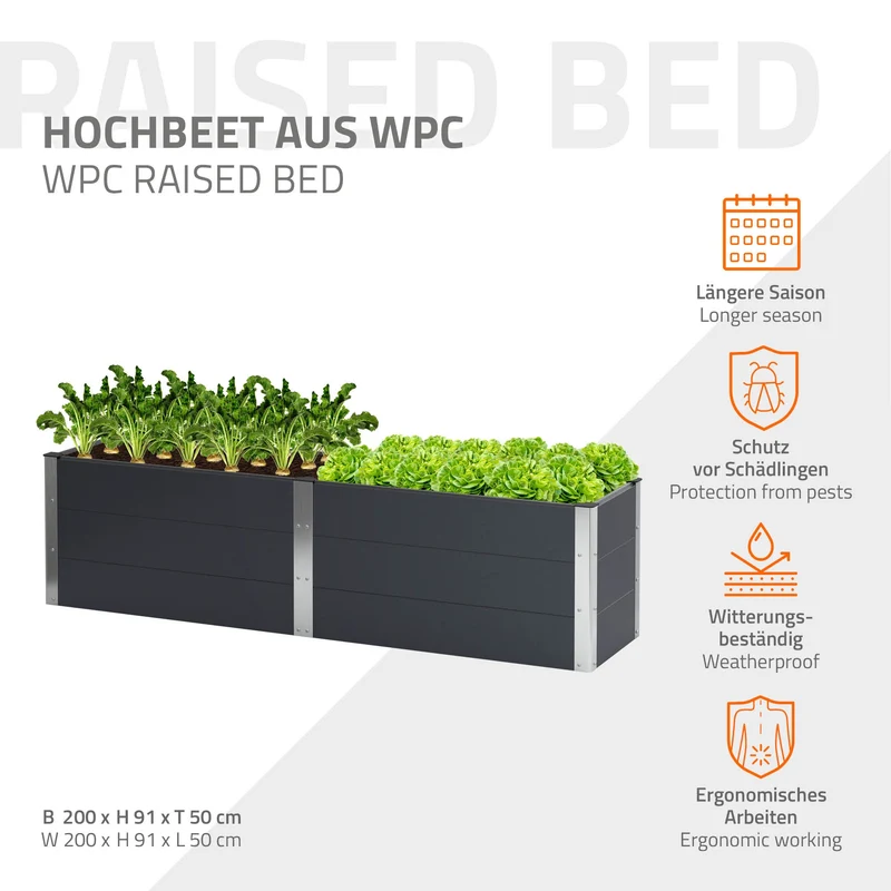 Hochbeet 200x50x91 cm Anthrazit aus WPC ML-Design