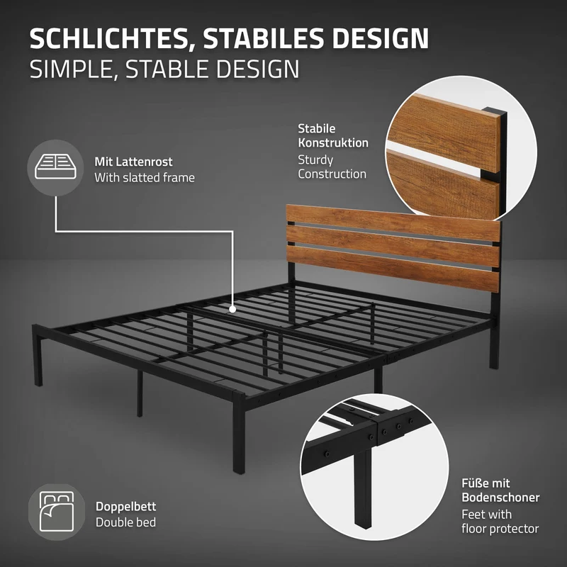Metallbett Bettgestell mit Lattenrost 160x200 cm Schwarz/Braun mit Holz Kopfteil ML-Design