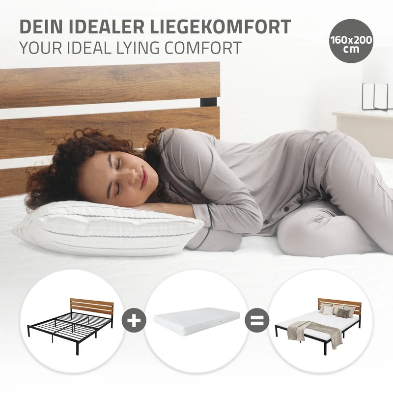 Metallbett Bettgestell mit Lattenrost 160x200 cm Schwarz/Braun mit Holz Kopfteil ML-Design