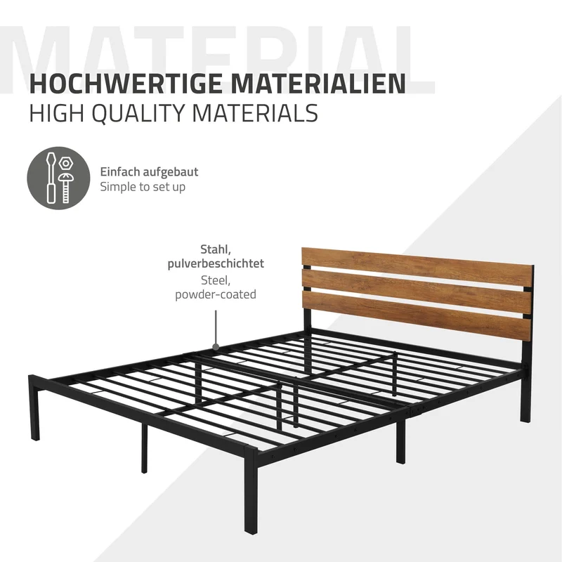 Metallbett Bettgestell mit Lattenrost 160x200 cm Schwarz/Braun mit Holz Kopfteil ML-Design