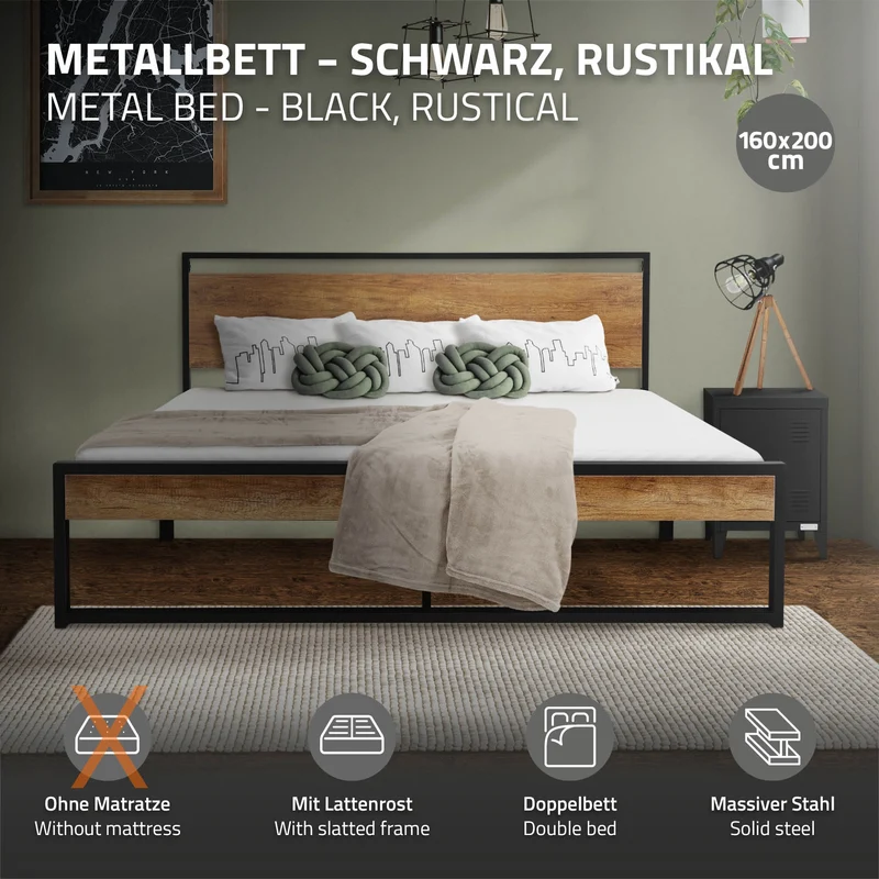Metallbett Bettgestell mit Lattenrost 160x200 cm Schwarz/Braun mit Holz Kopf-& Fußteil ML-Design