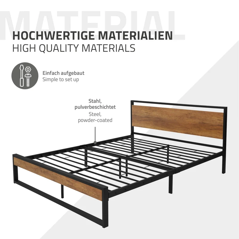 Metallbett Bettgestell mit Lattenrost 160x200 cm Schwarz/Braun mit Holz Kopf-& Fußteil ML-Design