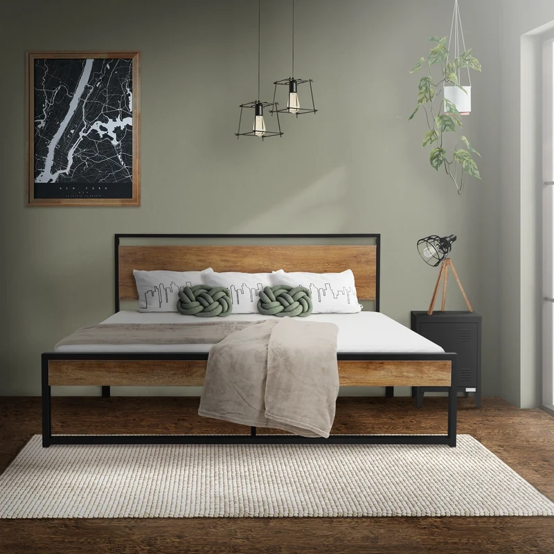 Metallbett Bettgestell mit Lattenrost 160x200 cm Schwarz/Braun mit Holz Kopf-& Fußteil ML-Design