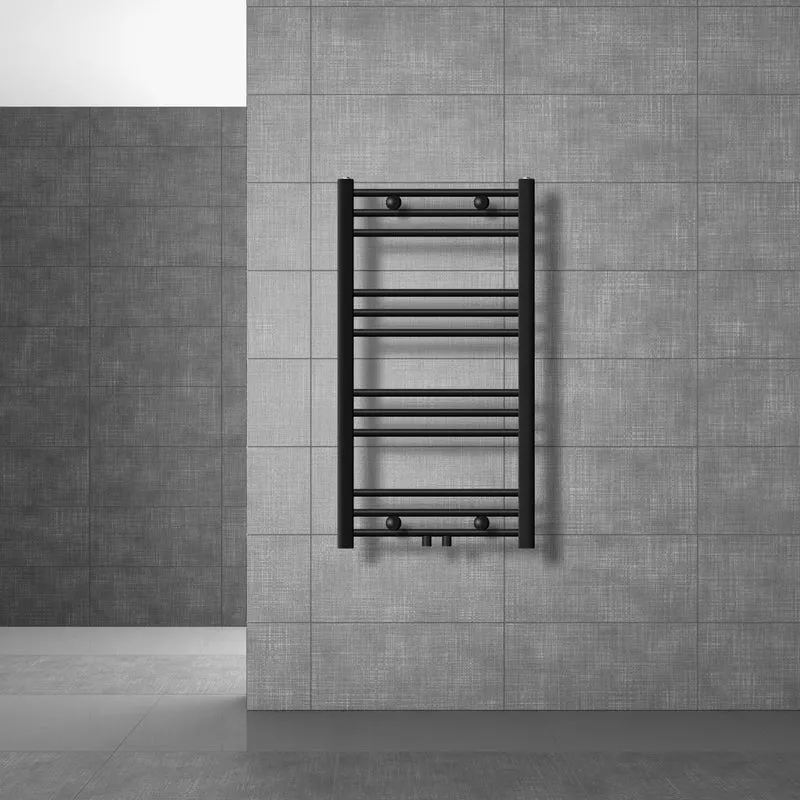 Badheizkörper Mittelanschluss 500x800 mm Schwarz matt gerade mit Boden Anschlussgarnitur LuxeBath