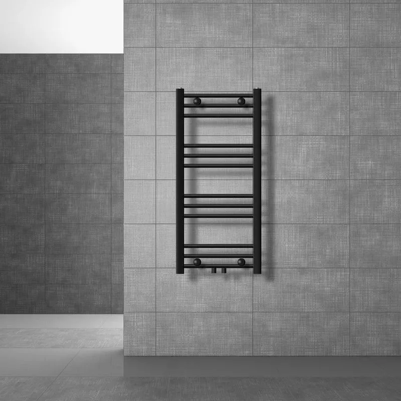 Badheizkörper mit Mittelanschluss 400x800 mm Schwarz matt gerade mit Wand Anschlussgarnitur LuxeBath