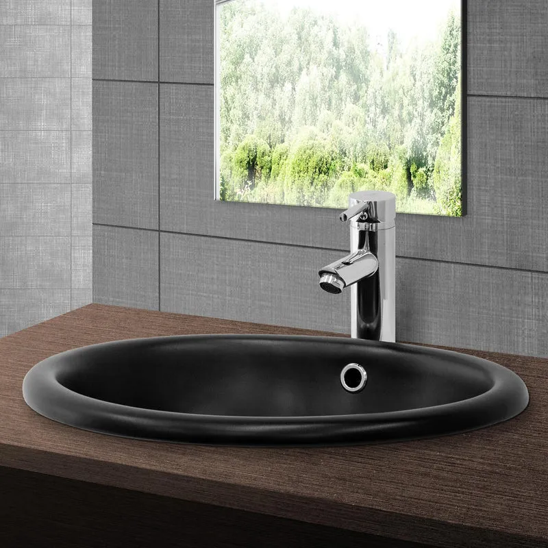 Waschbecken inkl. Ablaufgarnitur Silber mit Überlauf 49x40,5x19,5 cm Schwarz matt aus Keramik ML-Design
