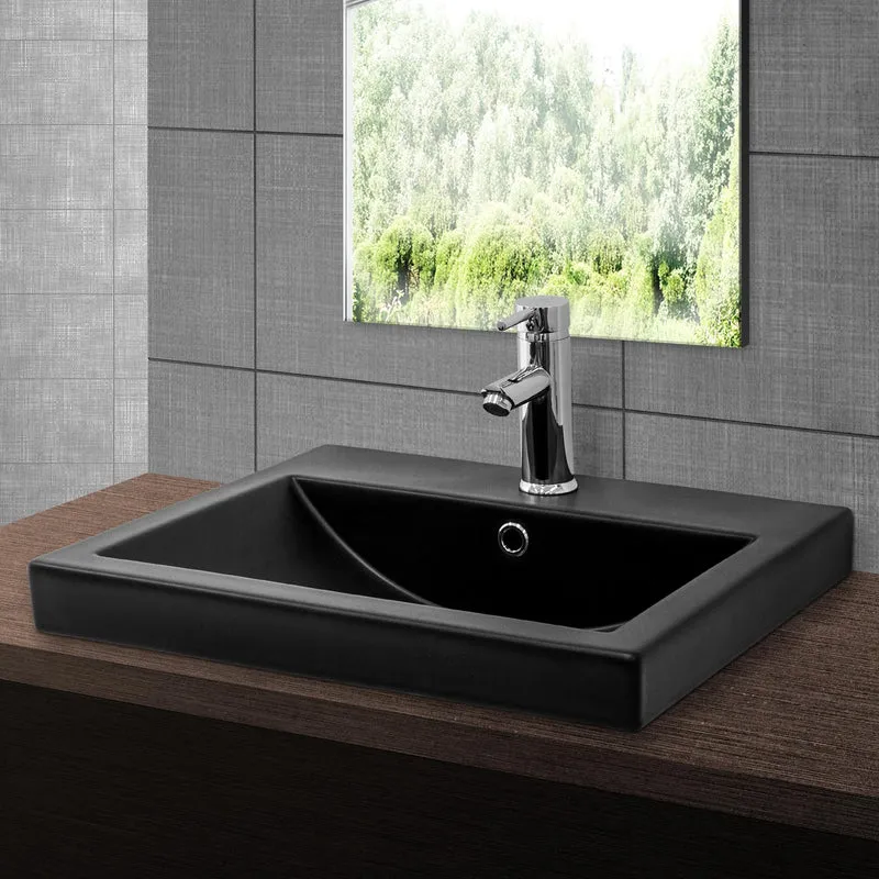 Waschbecken inkl. Ablaufgarnitur Silber mit Überlauf 53,5x46x16,5 cm Schwarz matt aus Keramik ML-Design
