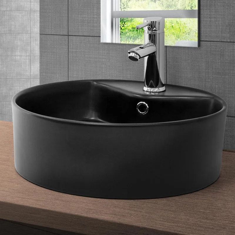 Waschbecken inkl. Ablaufgarnitur Silber mit Überlauf Ø 46x15,5 cm Schwarz matt aus Keramik ML-Design
