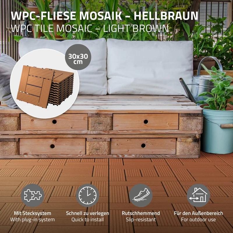 B-Ware Terrassenfliesen 30x30 cm 11er Set für 1 m² Hellbraun aus WPC