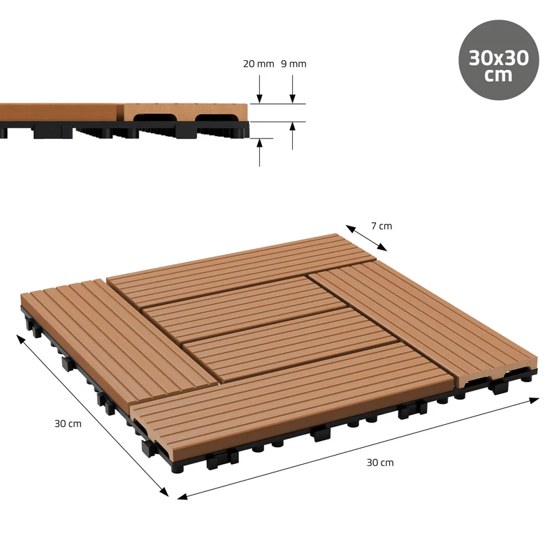 B-Ware Terrassenfliesen 30x30 cm 11er Set für 1 m² Hellbraun aus WPC