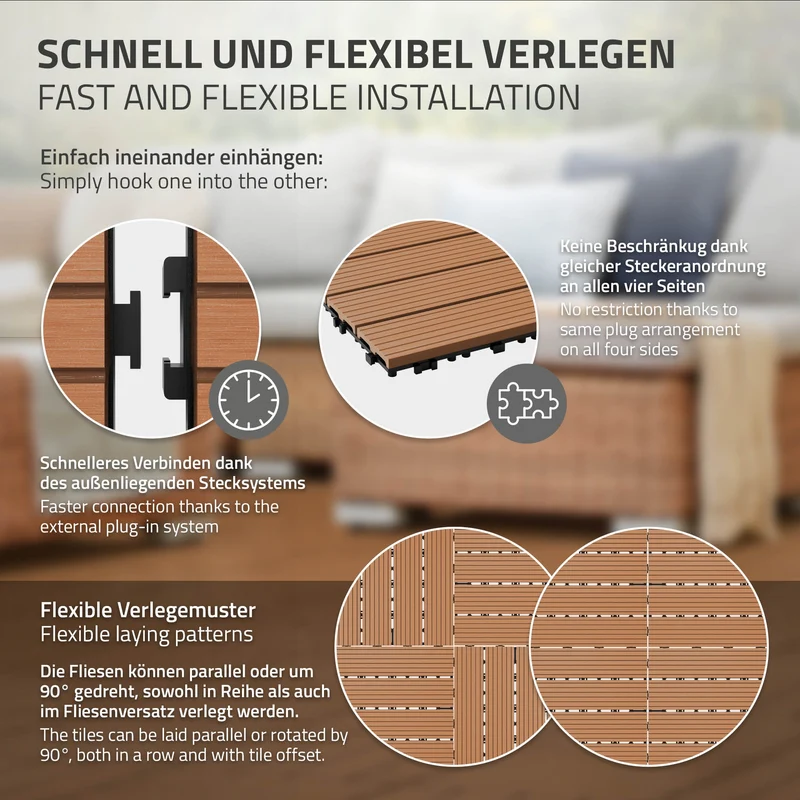 WPC Terrassenfliesen 30x30 cm 22er Set für 2m² Hellbraun in Holzoptik Balkon Bodenbelag mit Drainage und Klicksystem Terrassendielen Balkonfliesen